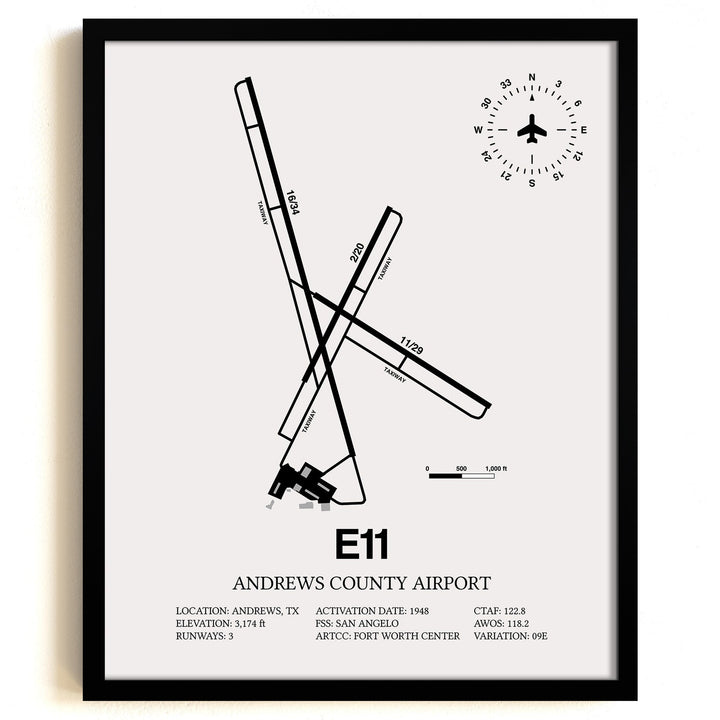 Framed Detailed Airport Map of Andrews County Airport (E11) in White with a Black Frame