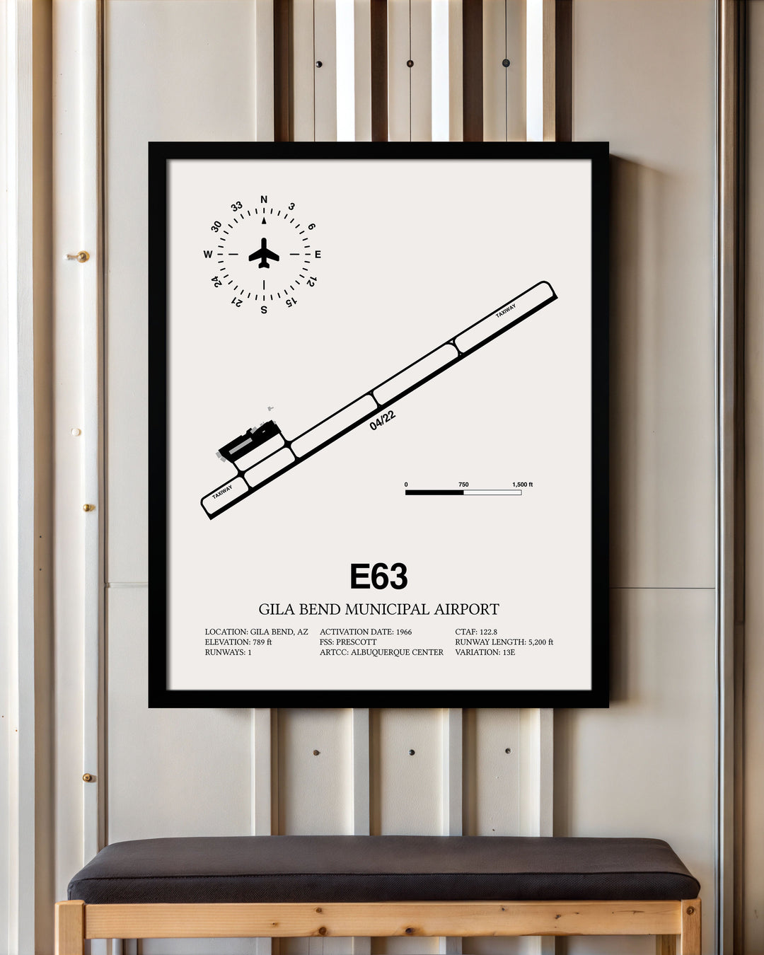 Framed Detailed Airport Map of Gila Bend Municipal Airport (E63) in White with a Black Frame