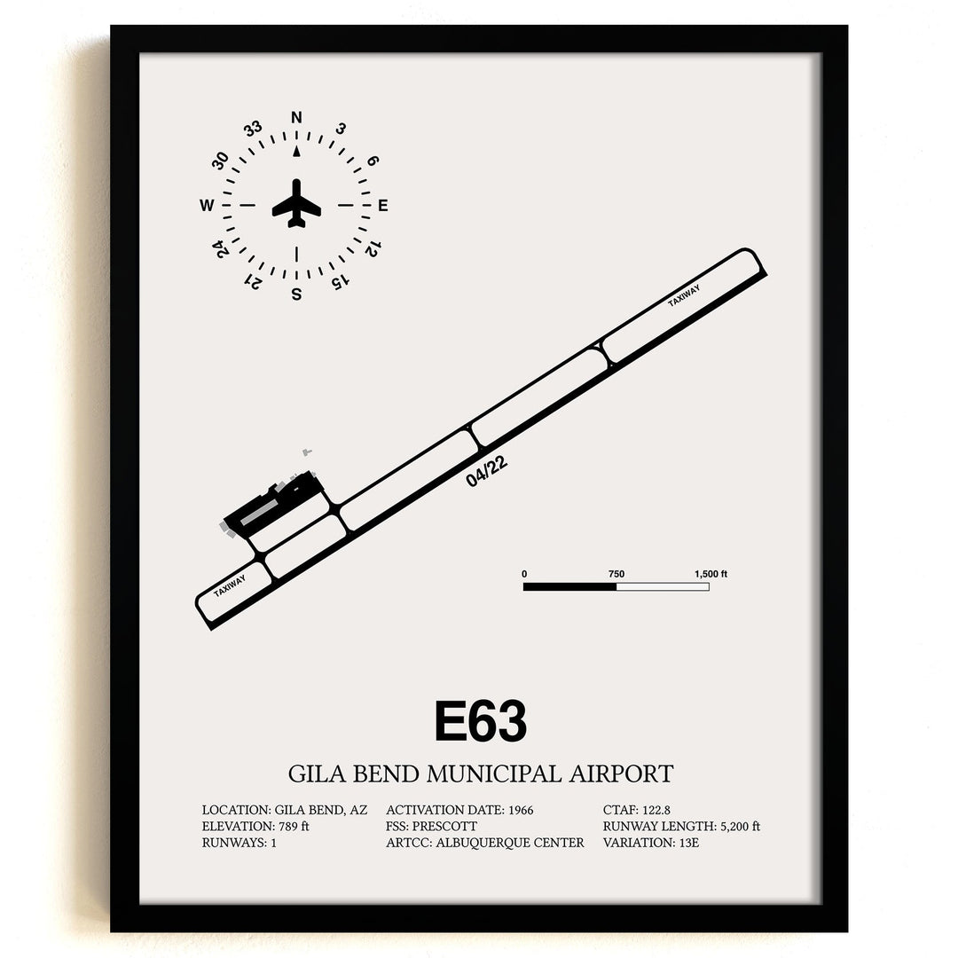 Framed Detailed Airport Map of Gila Bend Municipal Airport (E63) in White with a Black Frame