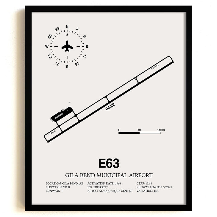 Framed Detailed Airport Map of Gila Bend Municipal Airport (E63) in White with a Black Frame