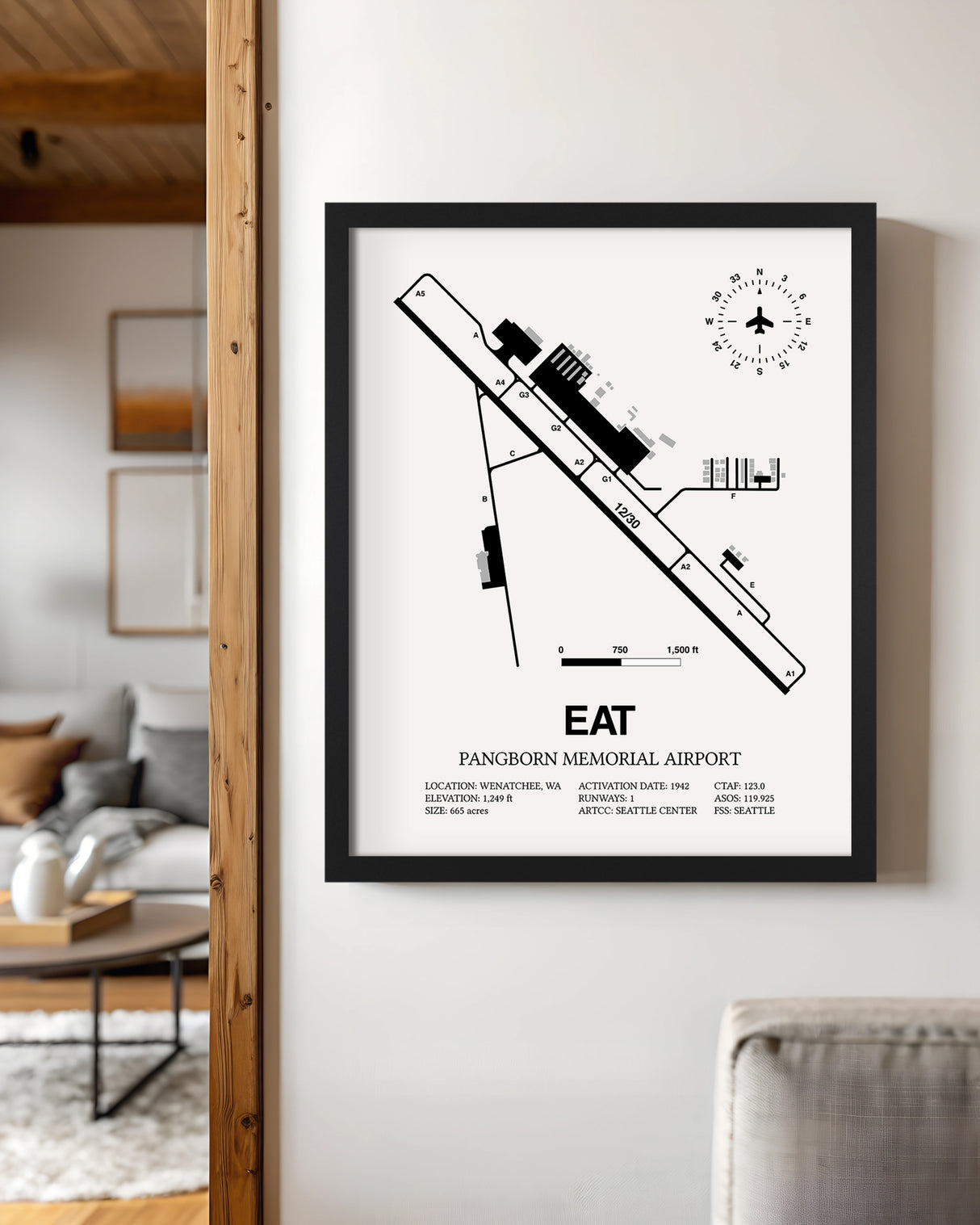 Framed Detailed Airport Map of Pangborn Memorial Airport (EAT) in White with a Black Frame