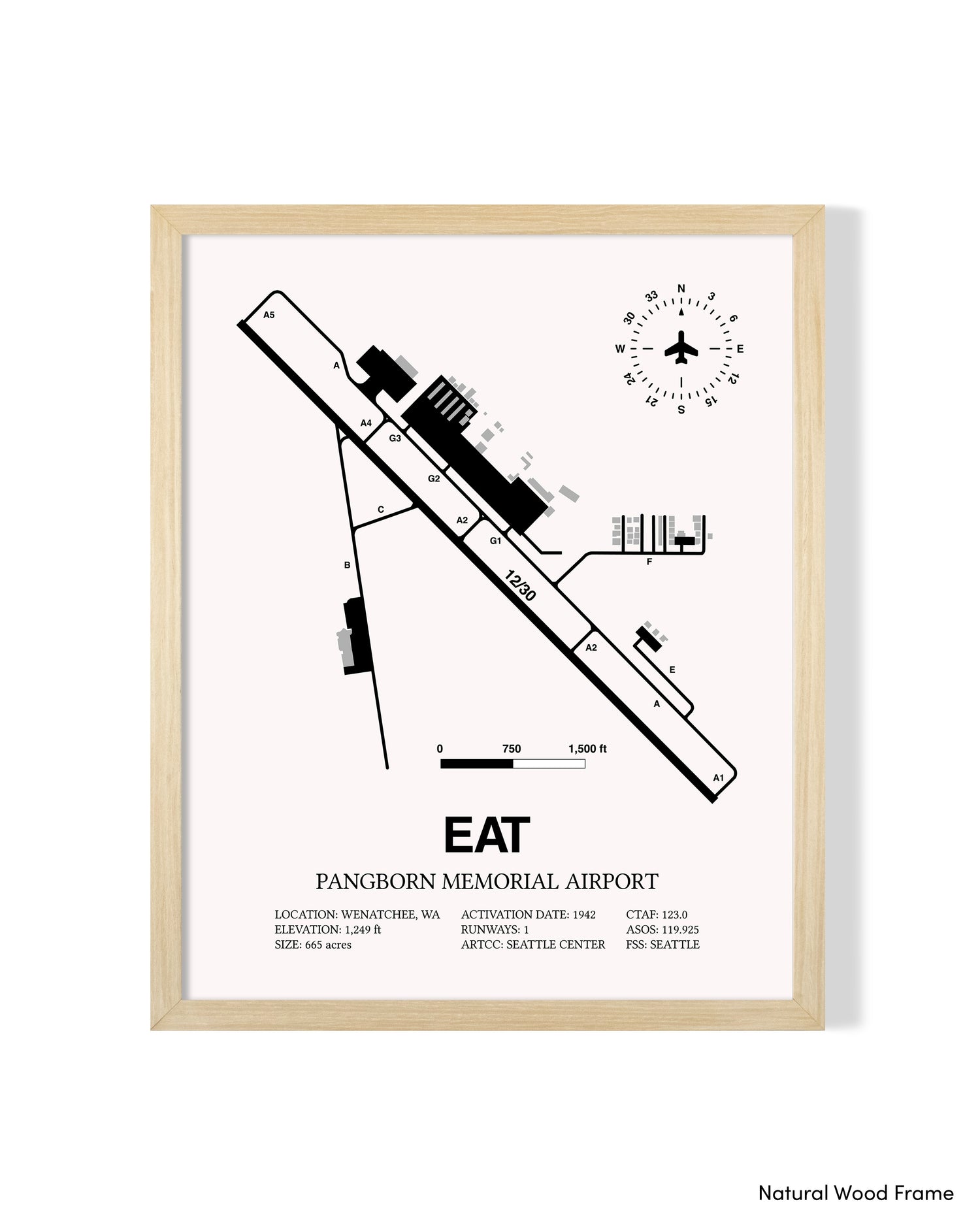 Detailed Airport Map of Pangborn Memorial Airport (EAT) in White with a Natural Frame