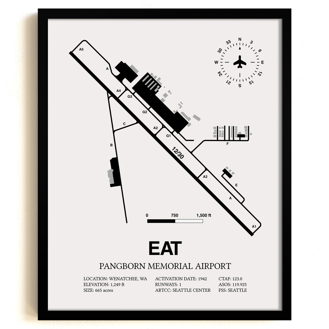 Framed Detailed Airport Map of Pangborn Memorial Airport (EAT) in White with a Black Frame