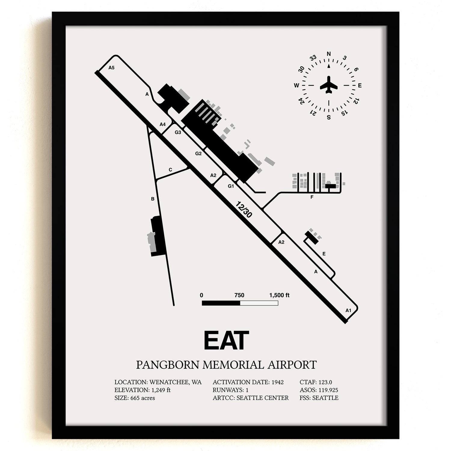 Framed Detailed Airport Map of Pangborn Memorial Airport (EAT) in White with a Black Frame