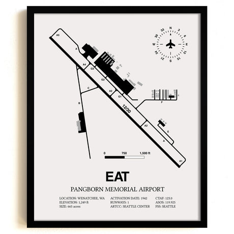 Framed Detailed Airport Map of Pangborn Memorial Airport (EAT) in White with a Black Frame