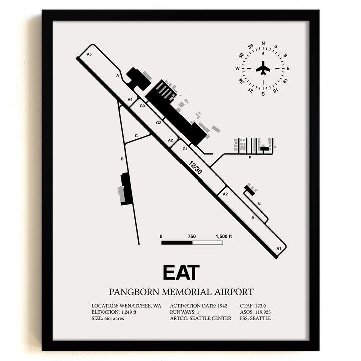 Framed Detailed Airport Map of Pangborn Memorial Airport (EAT) in White with a Black Frame