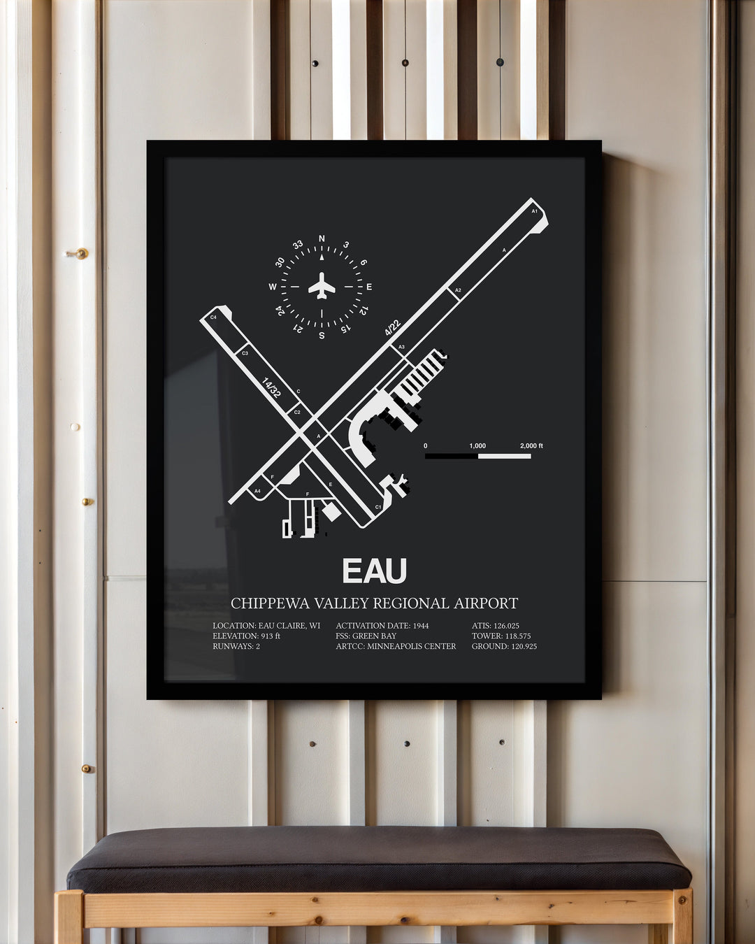 Framed Detailed Airport Map of Chippewa Valley Regional Airport (EAU) in Gray with a Black Frame