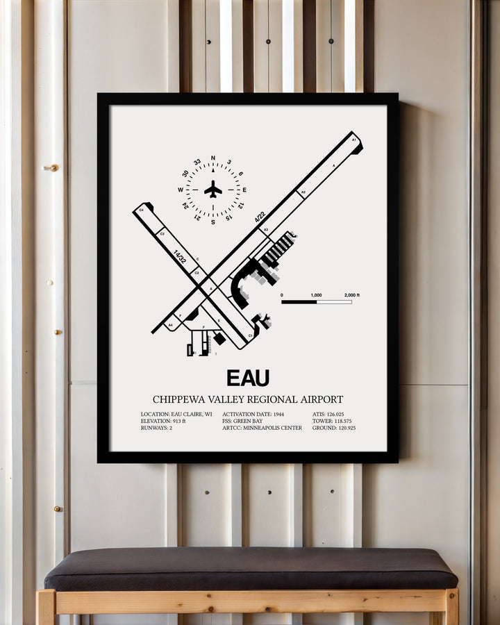 Framed Detailed Airport Map of Chippewa Valley Regional Airport (EAU) in White with a Black Frame