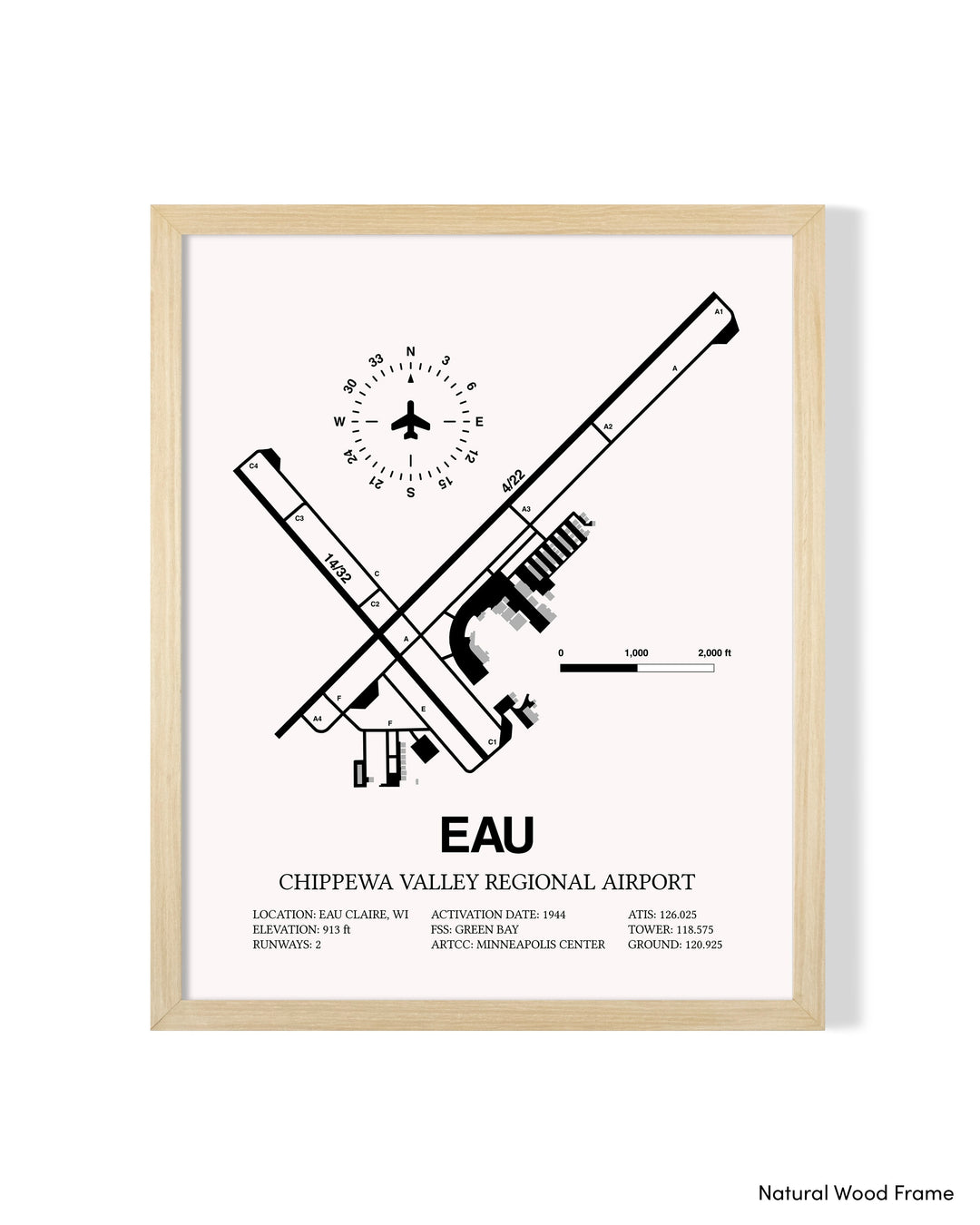 Detailed Airport Map of Chippewa Valley Regional Airport (EAU) in White with a Natural Frame