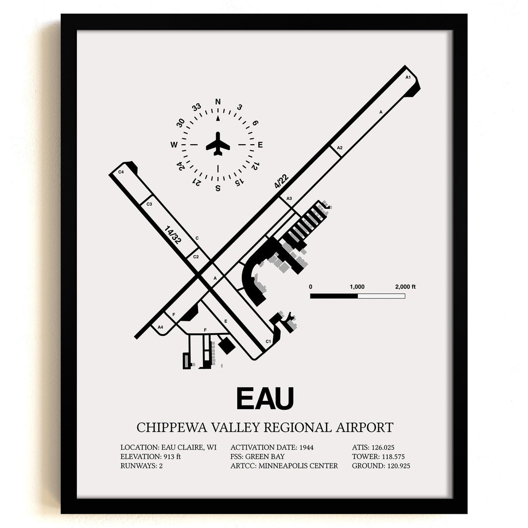Framed Detailed Airport Map of Chippewa Valley Regional Airport (EAU) in White with a Black Frame