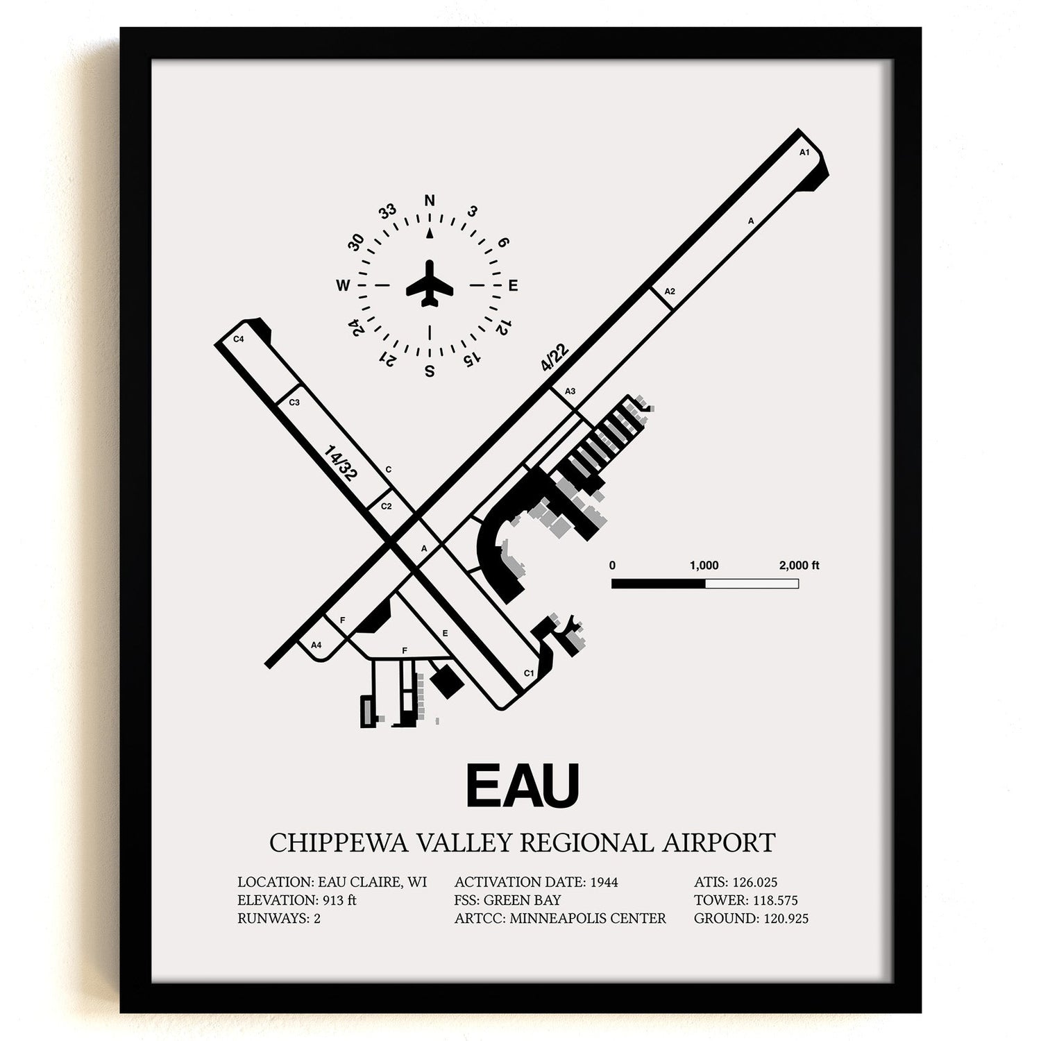 Framed Detailed Airport Map of Chippewa Valley Regional Airport (EAU) in White with a Black Frame