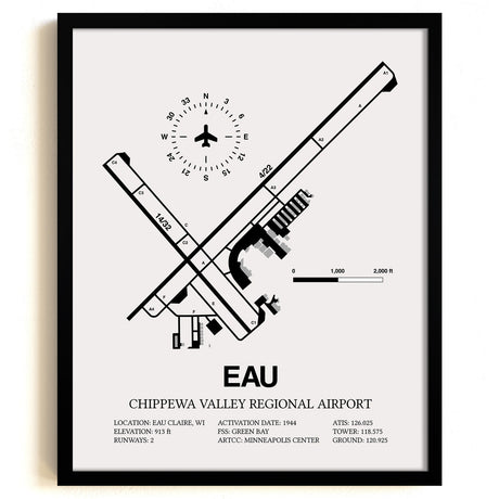 Framed Detailed Airport Map of Chippewa Valley Regional Airport (EAU) in White with a Black Frame