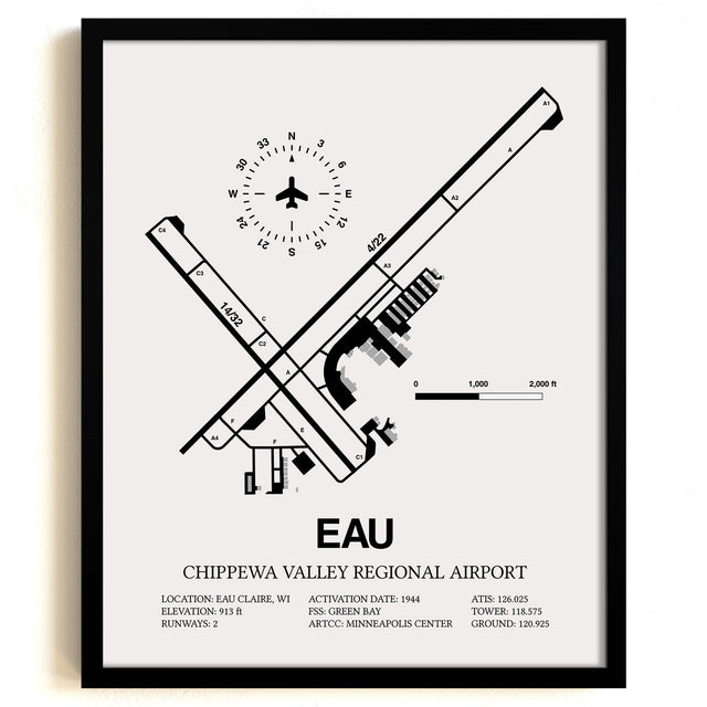 Framed Detailed Airport Map of Chippewa Valley Regional Airport (EAU) in White with a Black Frame