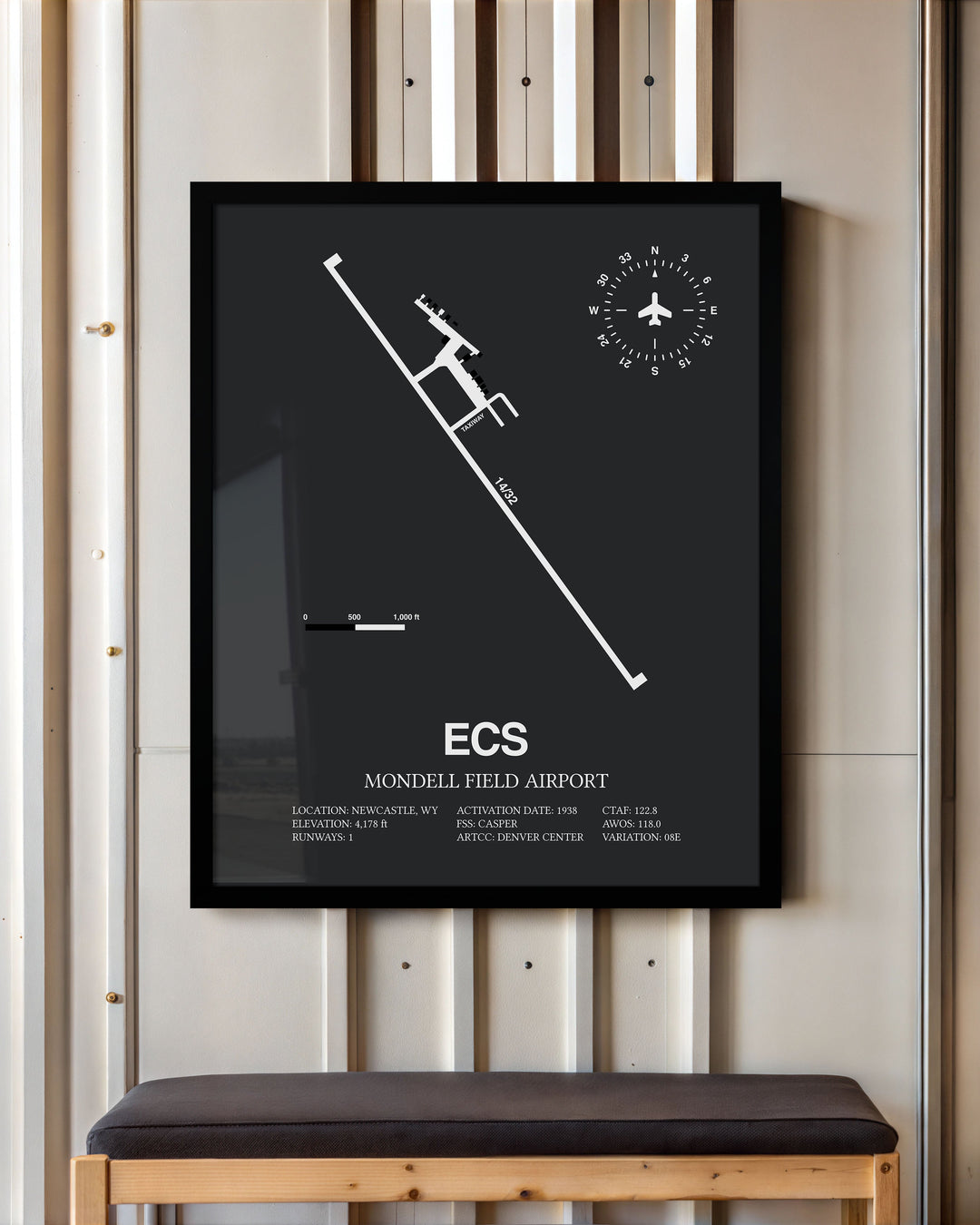 Framed Detailed Airport Map of Mondell Field Airport (ECS) in Gray with a Black Frame