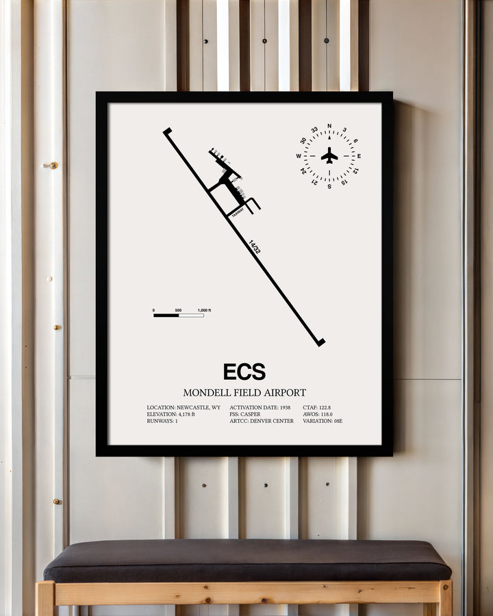 Framed Detailed Airport Map of Mondell Field Airport (ECS) in White with a Black Frame