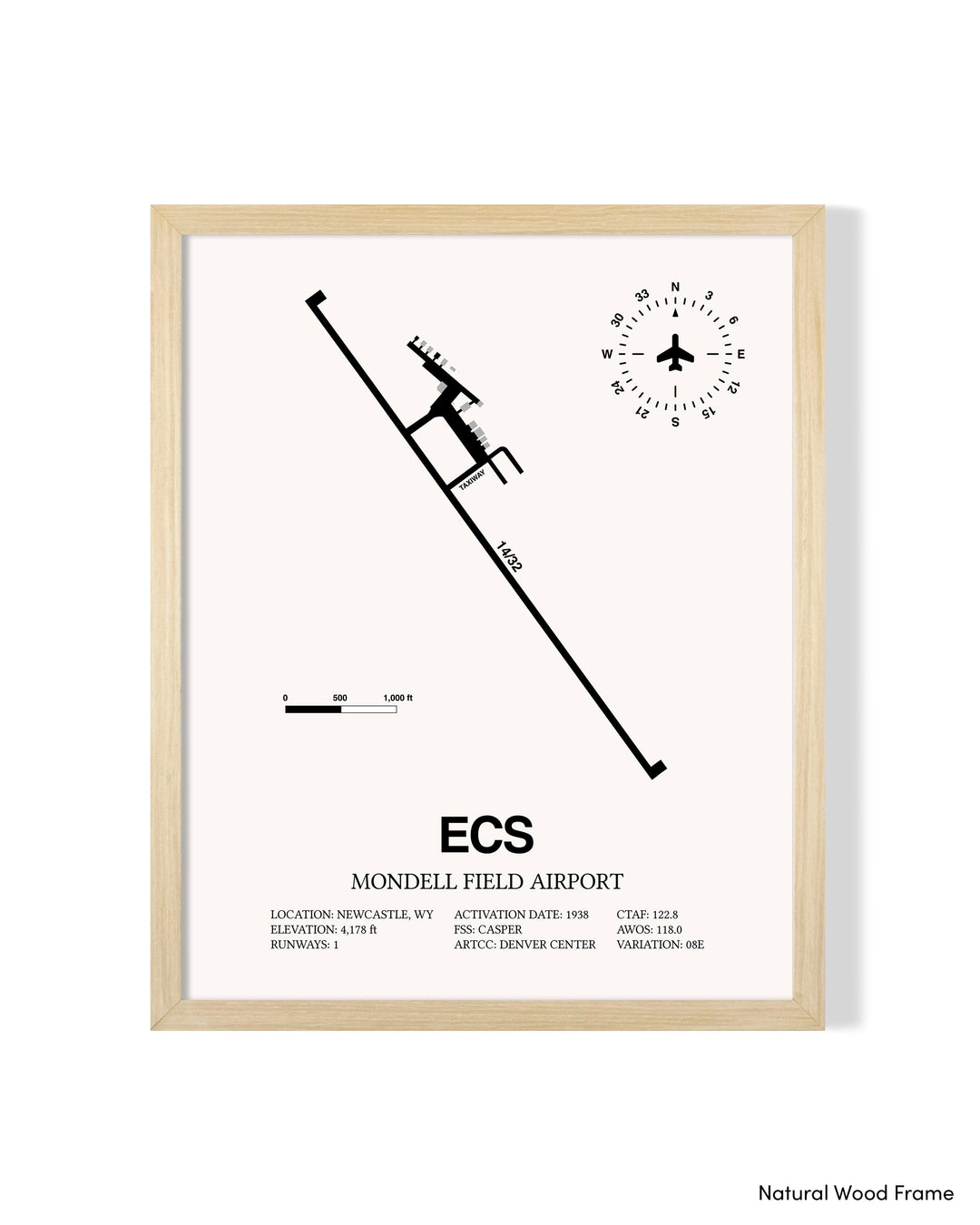 Detailed Airport Map of Mondell Field Airport (ECS) in White with a Natural Frame