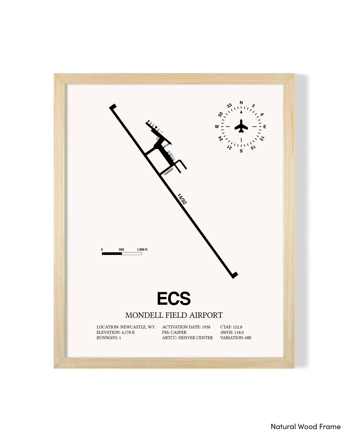 Detailed Airport Map of Mondell Field Airport (ECS) in White with a Natural Frame