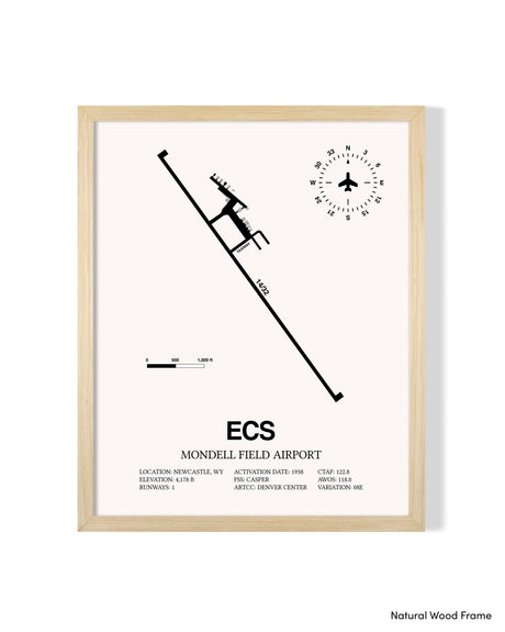 Detailed Airport Map of Mondell Field Airport (ECS) in White with a Natural Frame