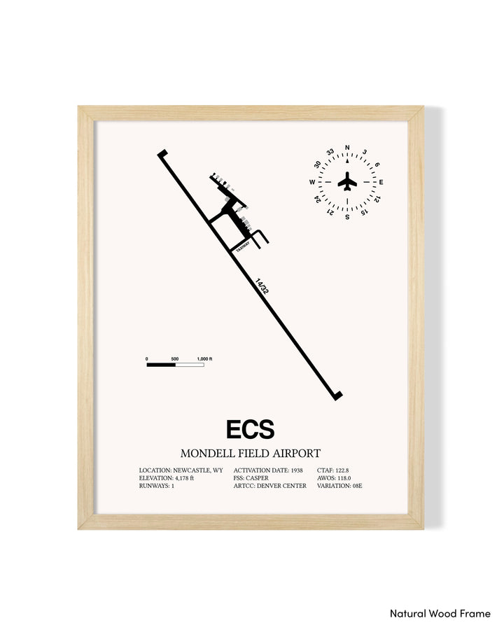 Detailed Airport Map of Mondell Field Airport (ECS) in White with a Natural Frame