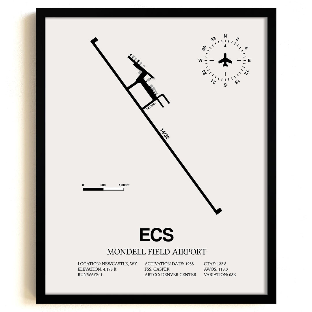 Framed Detailed Airport Map of Mondell Field Airport (ECS) in White with a Black Frame