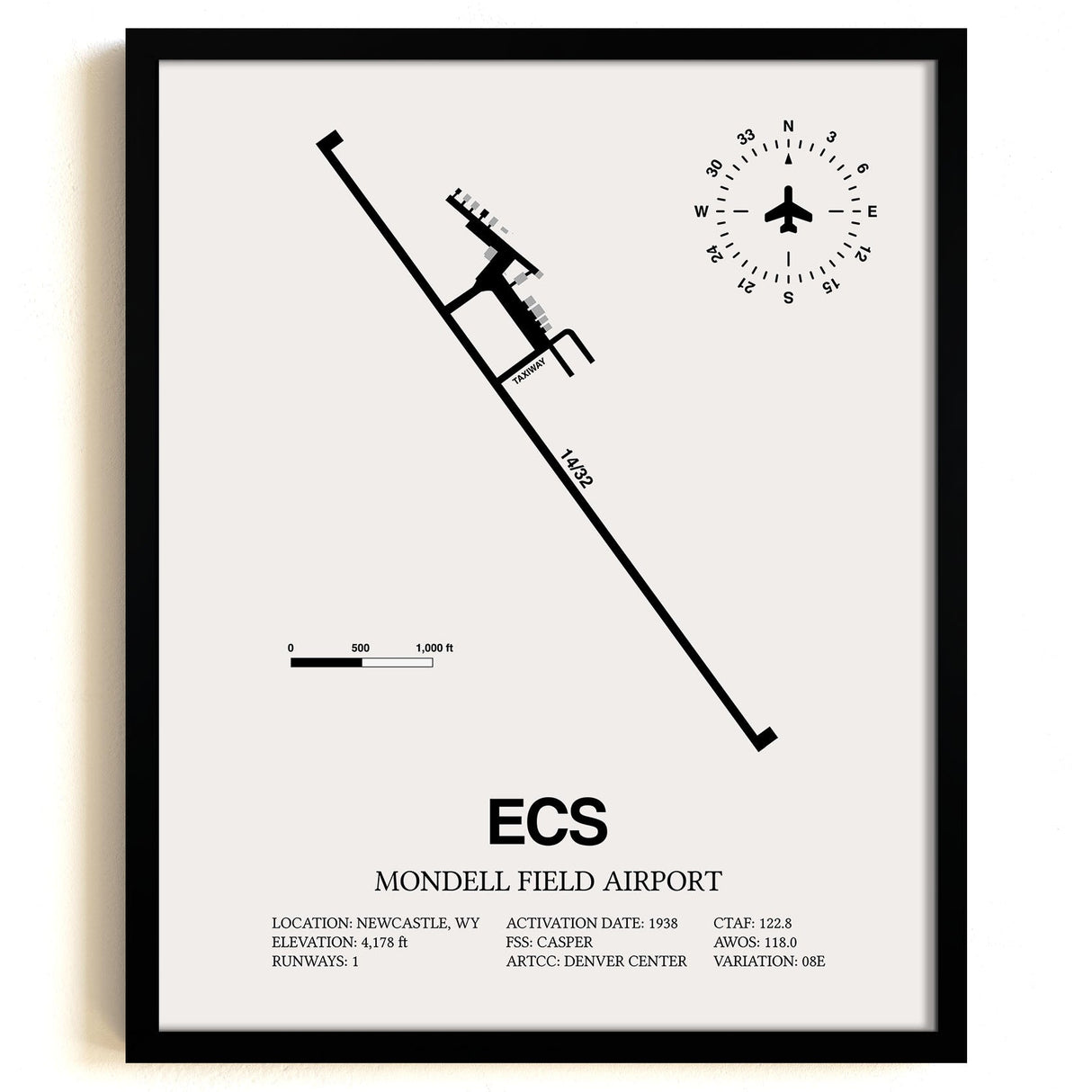 Framed Detailed Airport Map of Mondell Field Airport (ECS) in White with a Black Frame