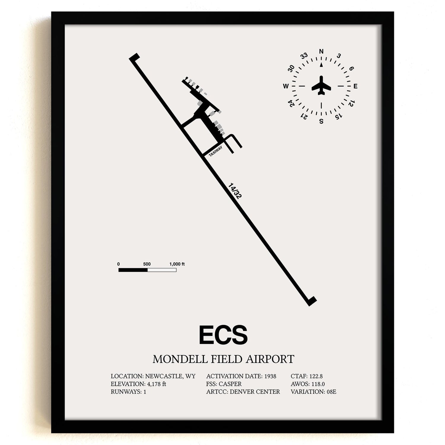 Framed Detailed Airport Map of Mondell Field Airport (ECS) in White with a Black Frame