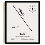 Framed Detailed Airport Map of Mondell Field Airport (ECS) in White with a Black Frame