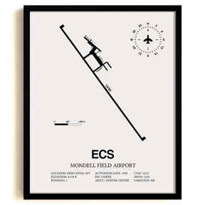 Framed Detailed Airport Map of Mondell Field Airport (ECS) in White with a Black Frame