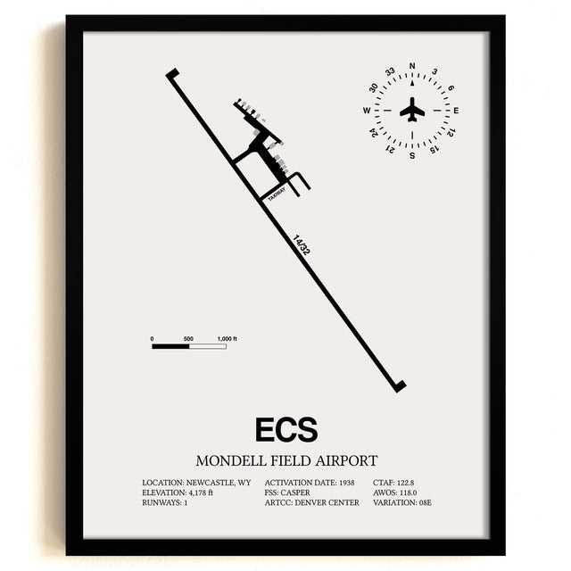 Framed Detailed Airport Map of Mondell Field Airport (ECS) in White with a Black Frame