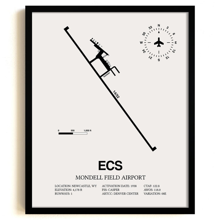 Framed Detailed Airport Map of Mondell Field Airport (ECS) in White with a Black Frame
