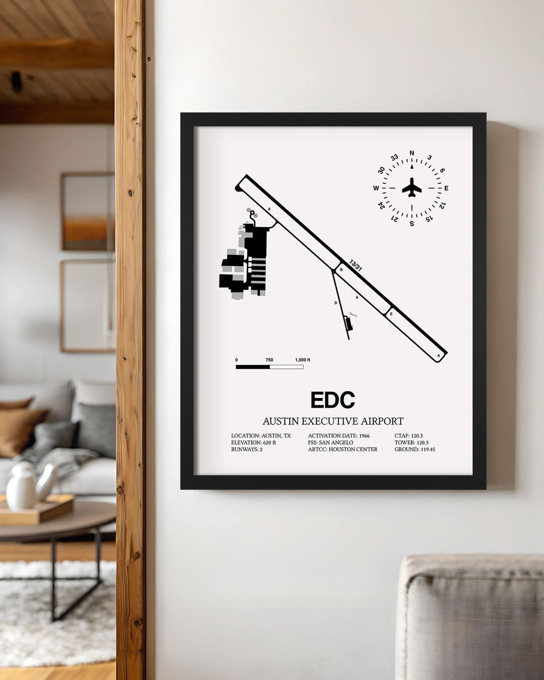 Framed Detailed Airport Map of Austin Executive Airport (EDC) in White with a Black Frame