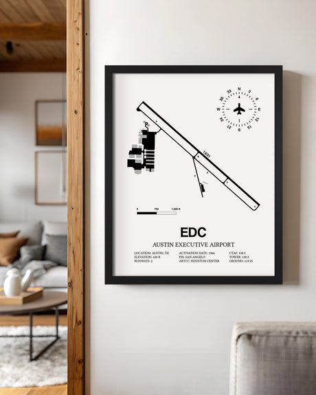 Framed Detailed Airport Map of Austin Executive Airport (EDC) in White with a Black Frame