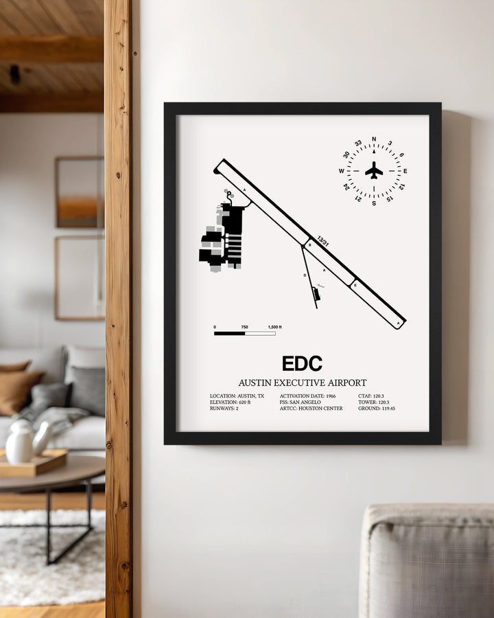 Framed Detailed Airport Map of Austin Executive Airport (EDC) in White with a Black Frame