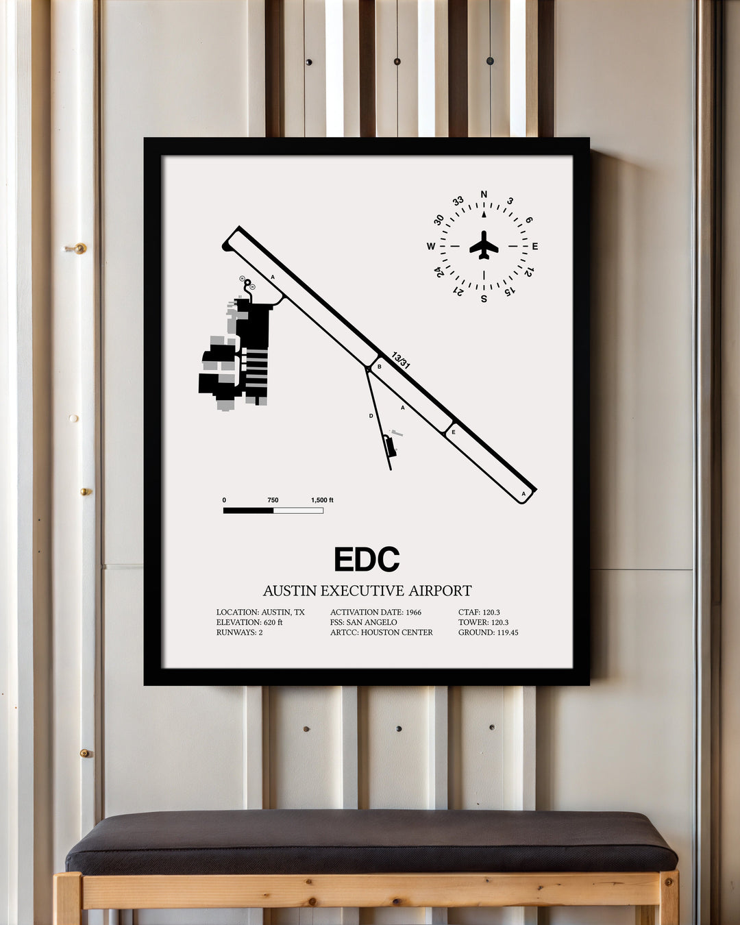 Framed Detailed Airport Map of Austin Executive Airport (EDC) in White with a Black Frame