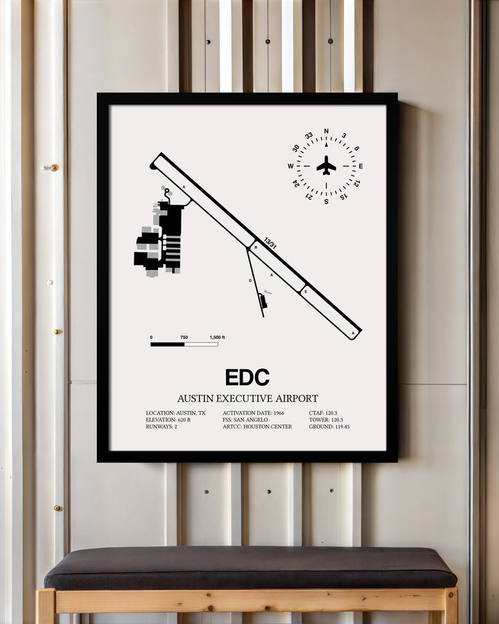 Framed Detailed Airport Map of Austin Executive Airport (EDC) in White with a Black Frame