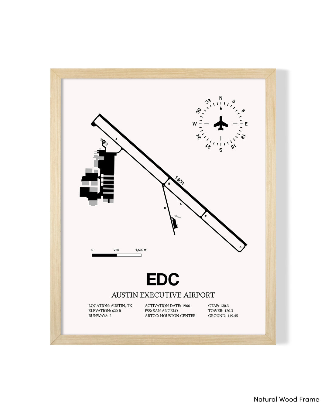 Detailed Airport Map of Austin Executive Airport (EDC) in White with a Natural Frame
