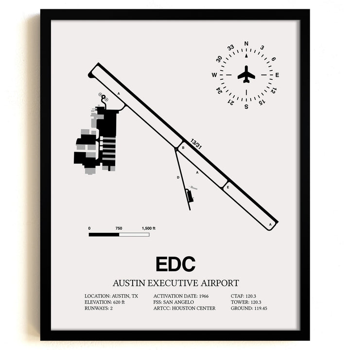 Framed Detailed Airport Map of Austin Executive Airport (EDC) in White with a Black Frame