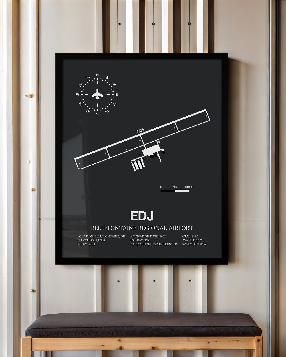 Framed Detailed Airport Map of Bellefontaine Regional Airport (EDJ) in Gray with a Black Frame
