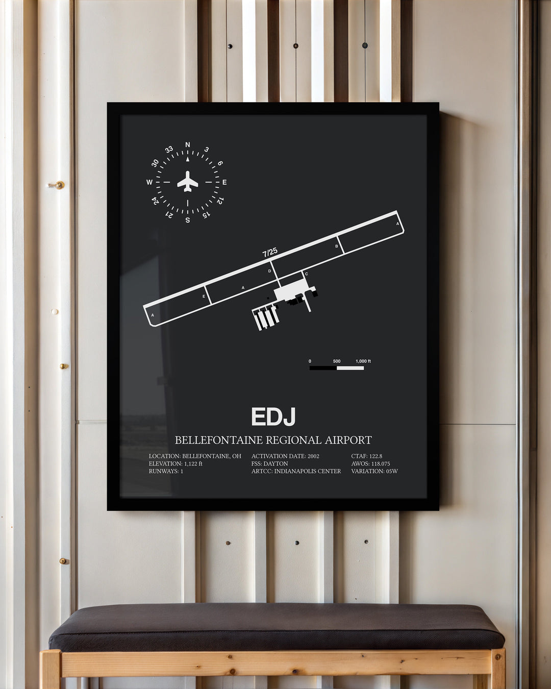 Framed Detailed Airport Map of Bellefontaine Regional Airport (EDJ) in Gray with a Black Frame