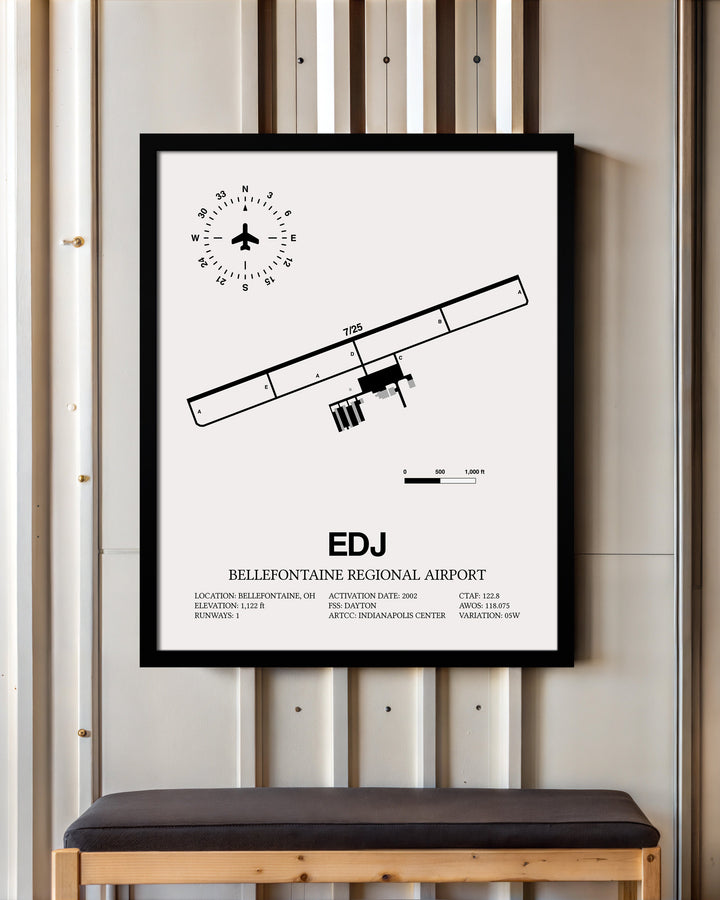 Framed Detailed Airport Map of Bellefontaine Regional Airport (EDJ) in White with a Black Frame