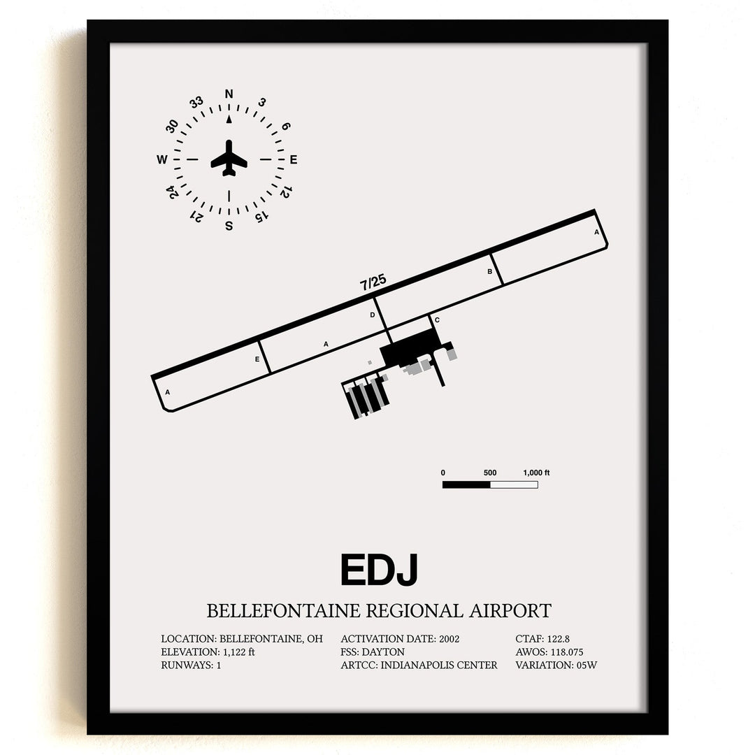 Framed Detailed Airport Map of Bellefontaine Regional Airport (EDJ) in White with a Black Frame