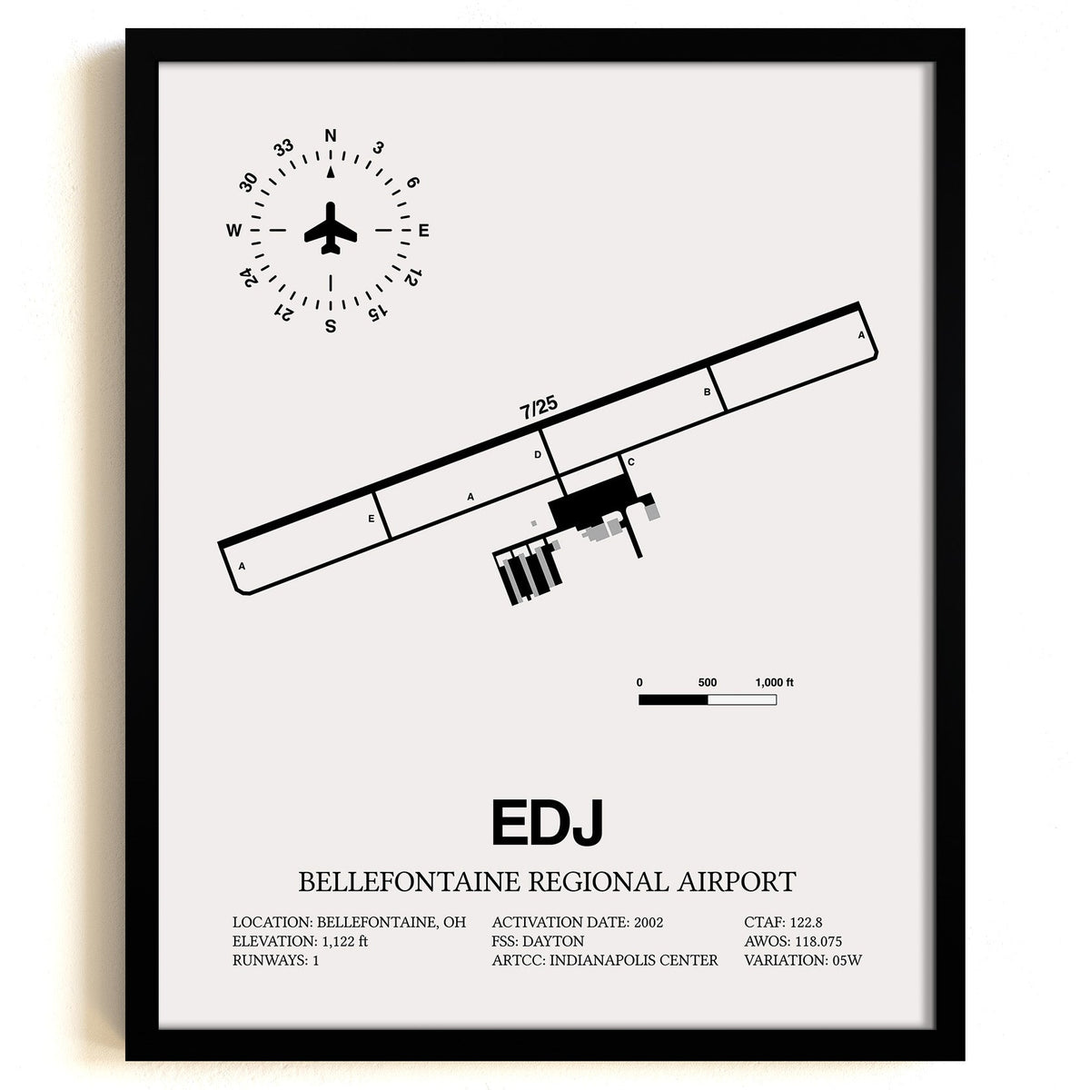 Framed Detailed Airport Map of Bellefontaine Regional Airport (EDJ) in White with a Black Frame