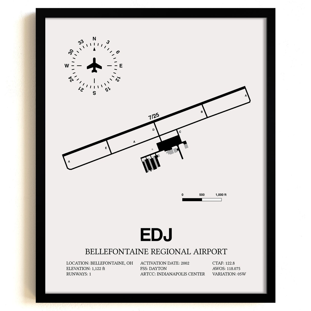 Framed Detailed Airport Map of Bellefontaine Regional Airport (EDJ) in White with a Black Frame