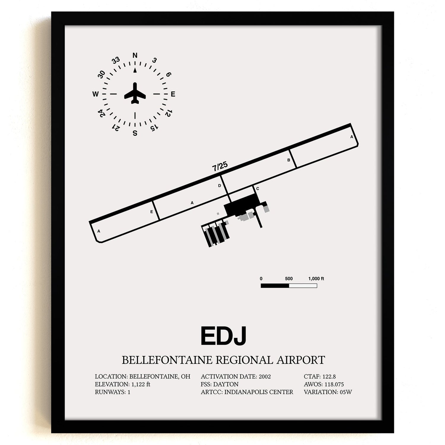 Framed Detailed Airport Map of Bellefontaine Regional Airport (EDJ) in White with a Black Frame