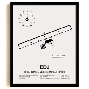 Framed Detailed Airport Map of Bellefontaine Regional Airport (EDJ) in White with a Black Frame