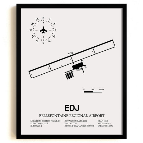 Framed Detailed Airport Map of Bellefontaine Regional Airport (EDJ) in White with a Black Frame