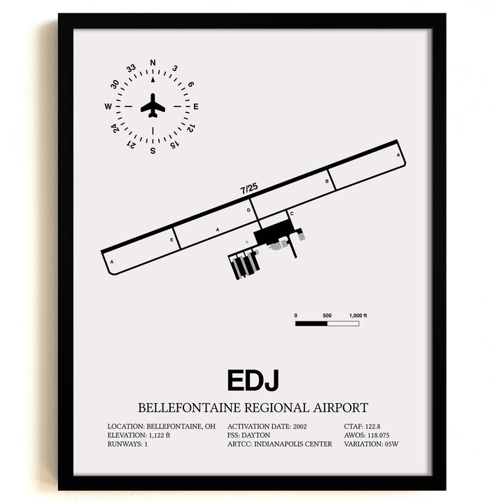 Framed Detailed Airport Map of Bellefontaine Regional Airport (EDJ) in White with a Black Frame