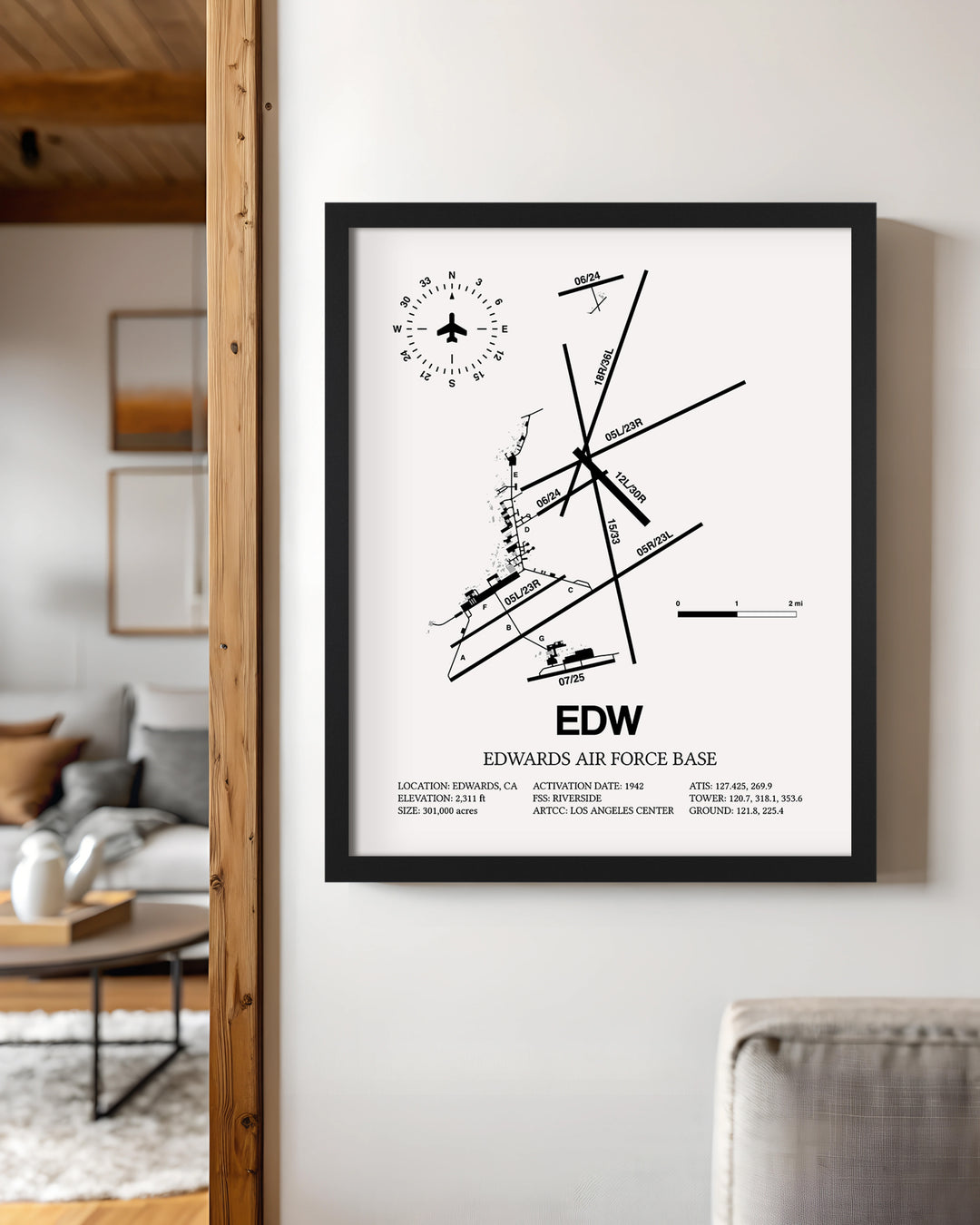 Framed Detailed Airport Map of Edwards Air Force Base (EDW) in White with a Black Frame