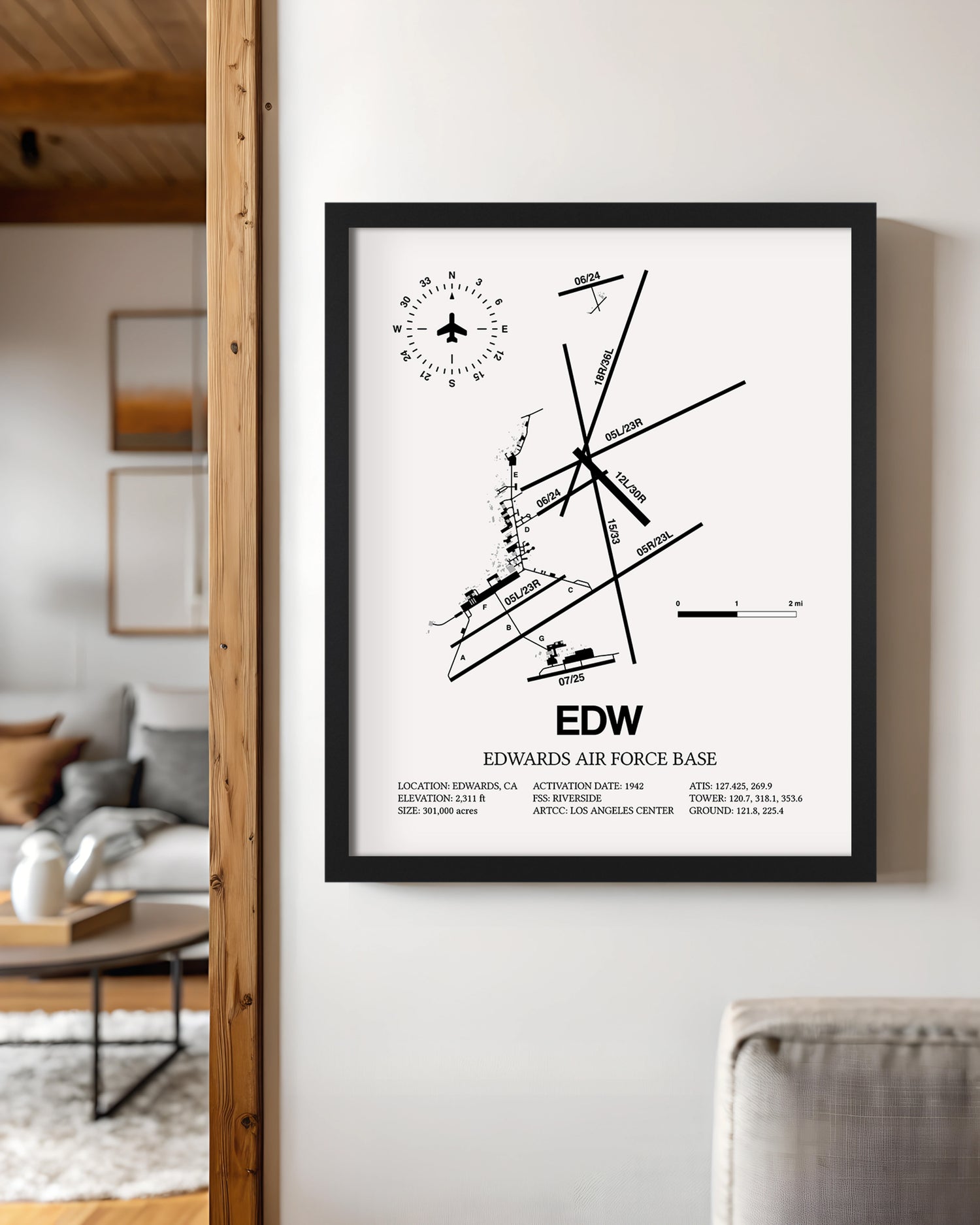 Framed Detailed Airport Map of Edwards Air Force Base (EDW) in White with a Black Frame