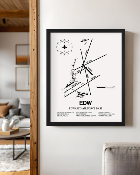 Framed Detailed Airport Map of Edwards Air Force Base (EDW) in White with a Black Frame